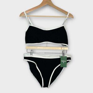 Halara Color Block Crinkle Bikini LARGE Black with White Trim NEW